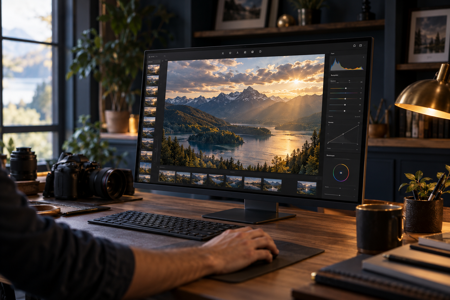 Landschapsbewerking op een monitor in een sfeervolle fotografiewerkplek