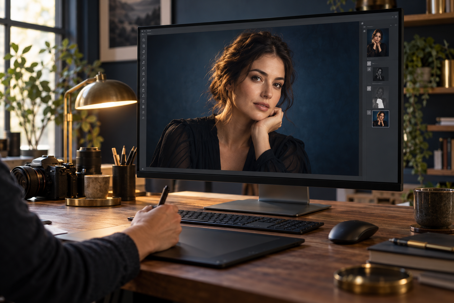 Portretbewerking op een monitor met een tekentablet in een sfeervolle studio