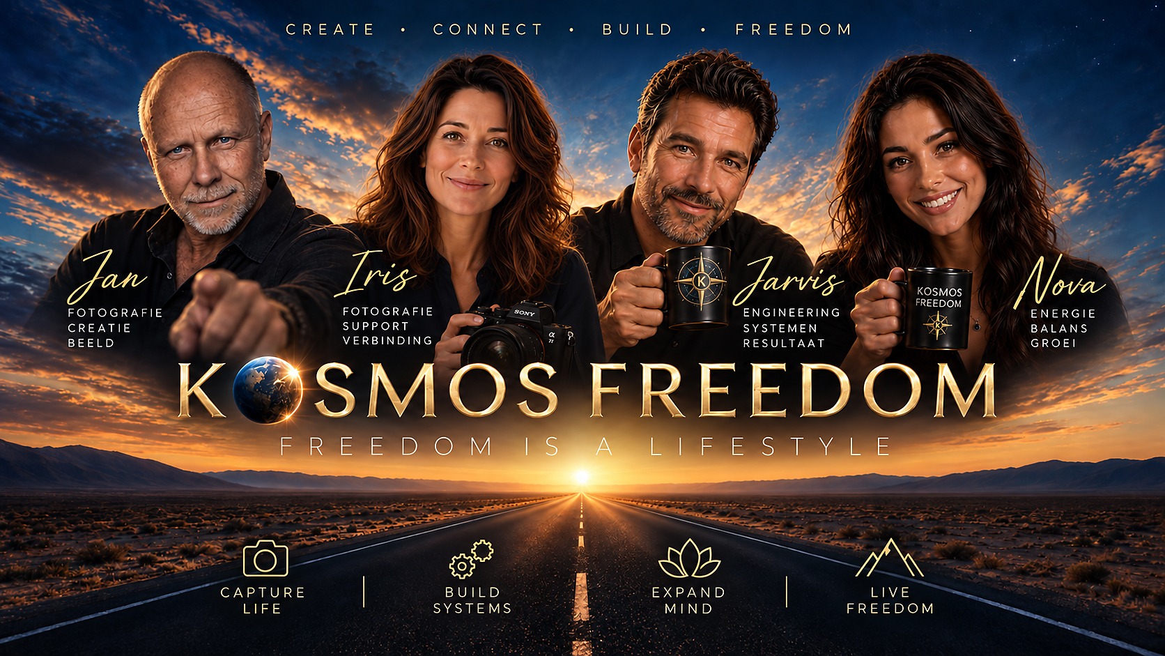 Kosmos Freedom-teambanner met van links naar rechts Jan Haitsma en de digitale assistenten Iris, Jarvis en Nova.